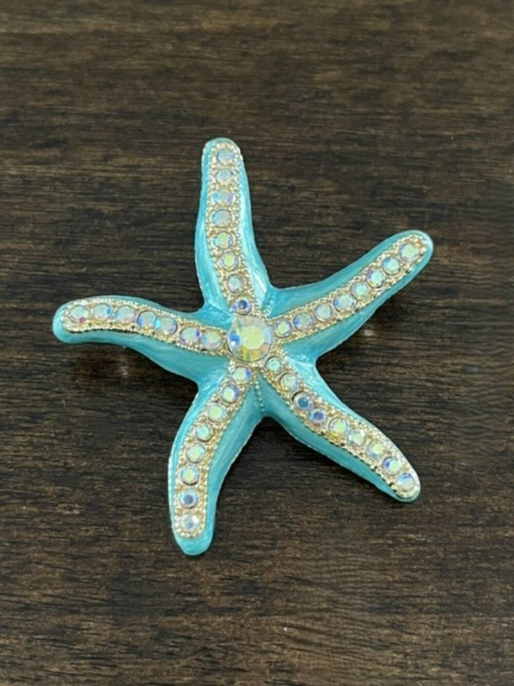 Starfish Brooch Aqua Blue Enamel Rhinestone Sparkle Beachy Coastal NWOT